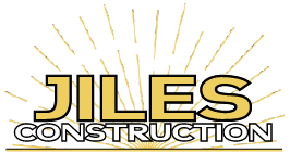 Jiles Construction logo with sunburst design and the company name, offering roofing, solar, design, and build services.