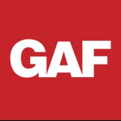GAF logo in bold white letters on a red square background, representing roofing materials.