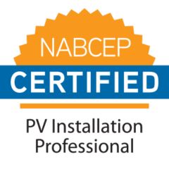 NABCEP Certified PV Installation Professional badge with orange sunburst and blue ribbon.