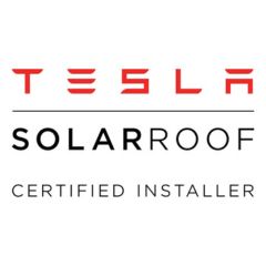 Tesla Solar Roof Certified Installer logo in red and black, showing brand authorization.