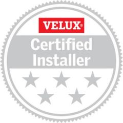 Velux Certified Installer seal with gray five-star emblem and red Velux branding.