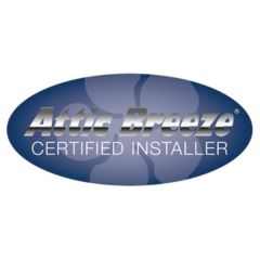 Attic Breeze Certified Installer badge with blue oval background and stylized fan graphic.