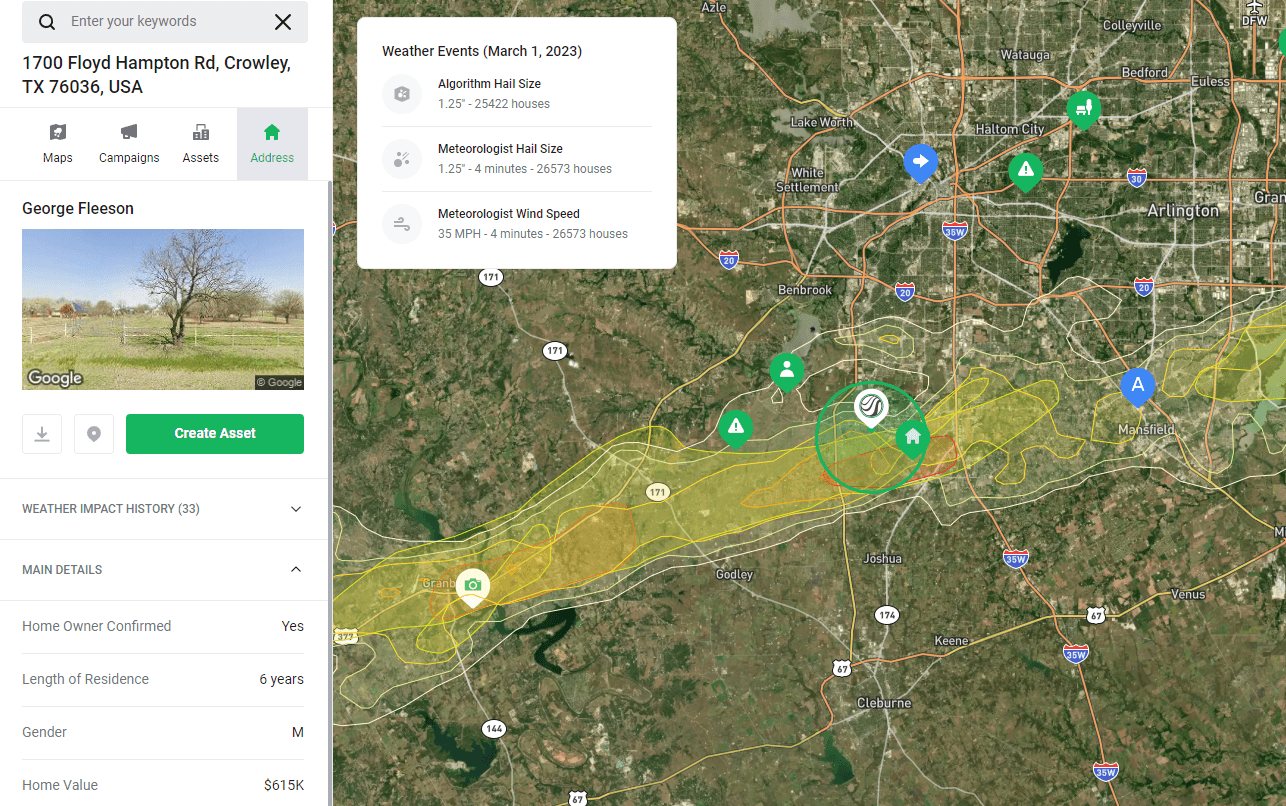 HailTrace damage map showing hail path and impact zones in Central Texas with a weather event report for March 1, 2023. Includes 1.25” hail data, wind speeds up to 35 MPH, and a confirmed homeowner address in Crowley, TX, highlighted with storm coverage overlays and asset tracking tools.